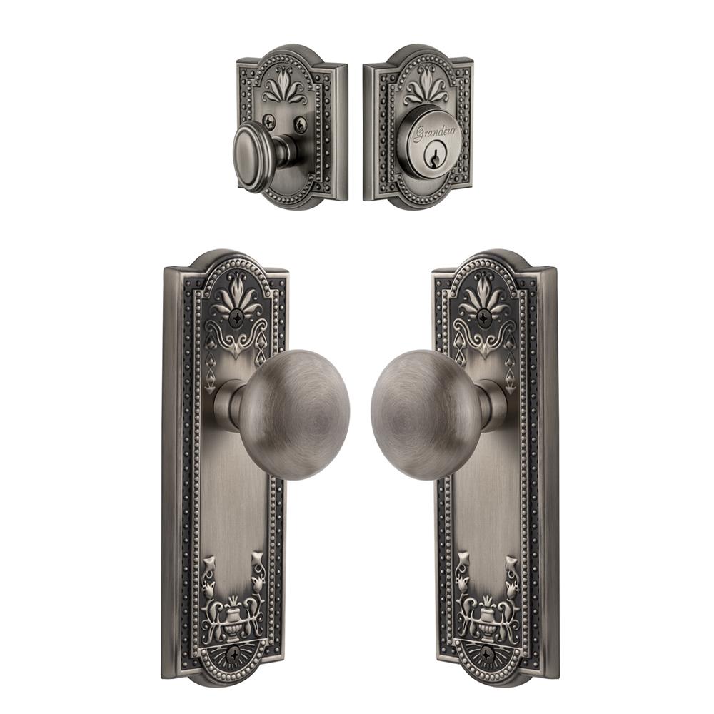 Grandeur by Nostalgic Warehouse Single Cylinder Combo Pack Keyed Differently - Parthenon Plate with Fifth Avenue Knob and Matching Deadbolt in Antique Pewter